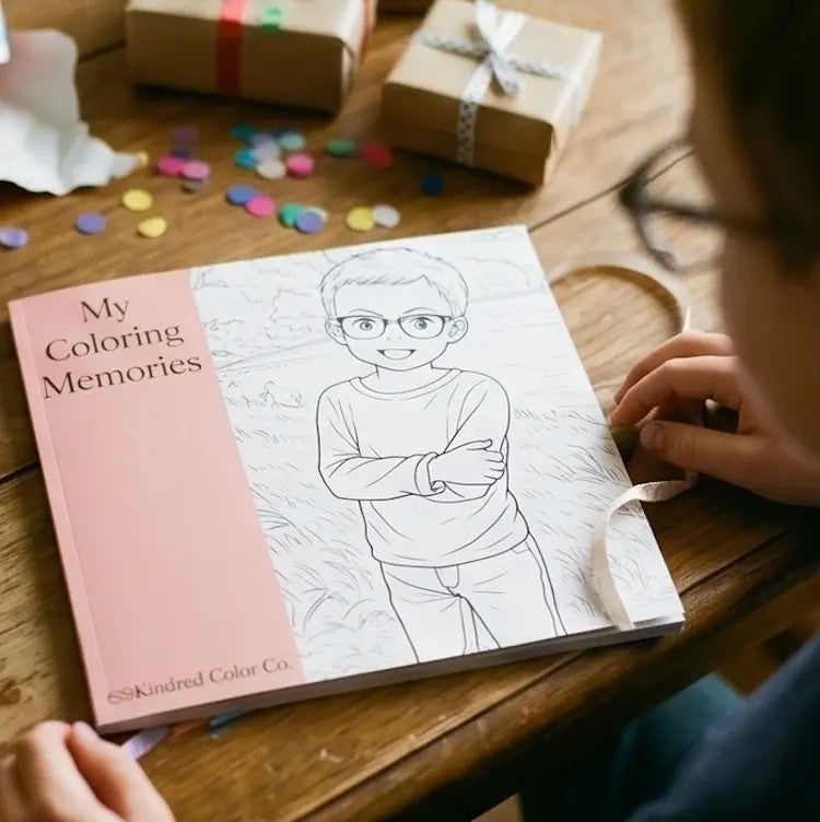 A birthday scene featuring a coloring book by Kindred Color Co., with a child looking fondly on a coloring book with his own picture on it.