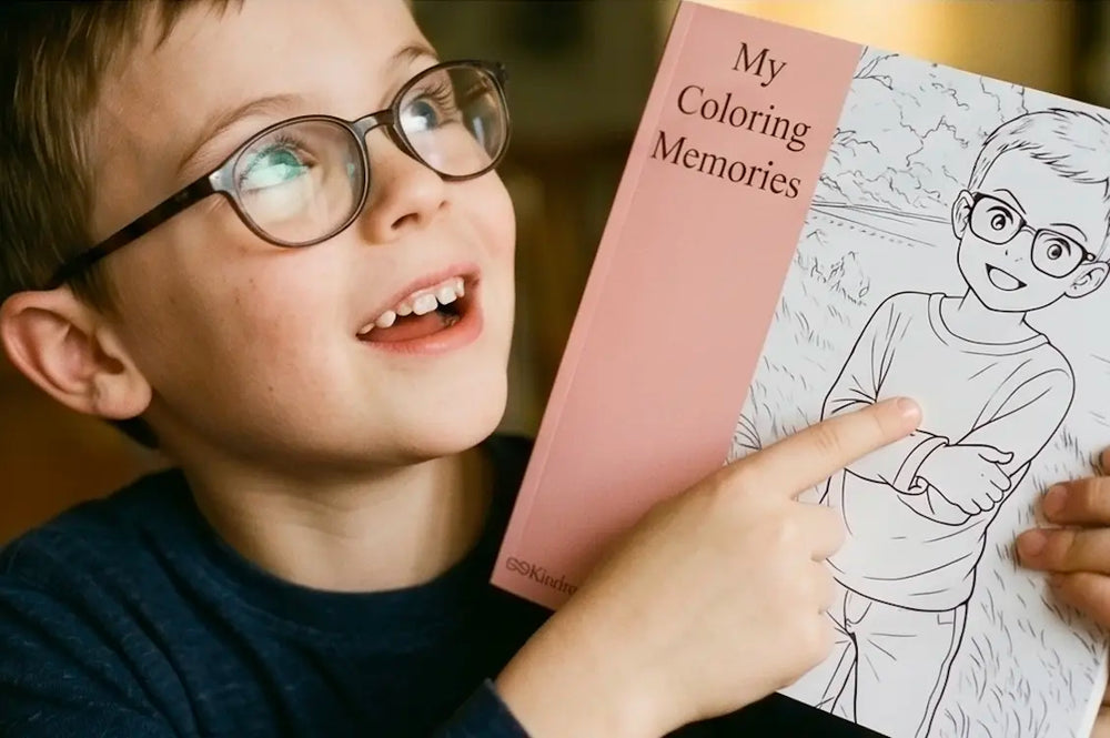Child holding a coloring book titled 'My Coloring Memories' with a coloring page of a boy.