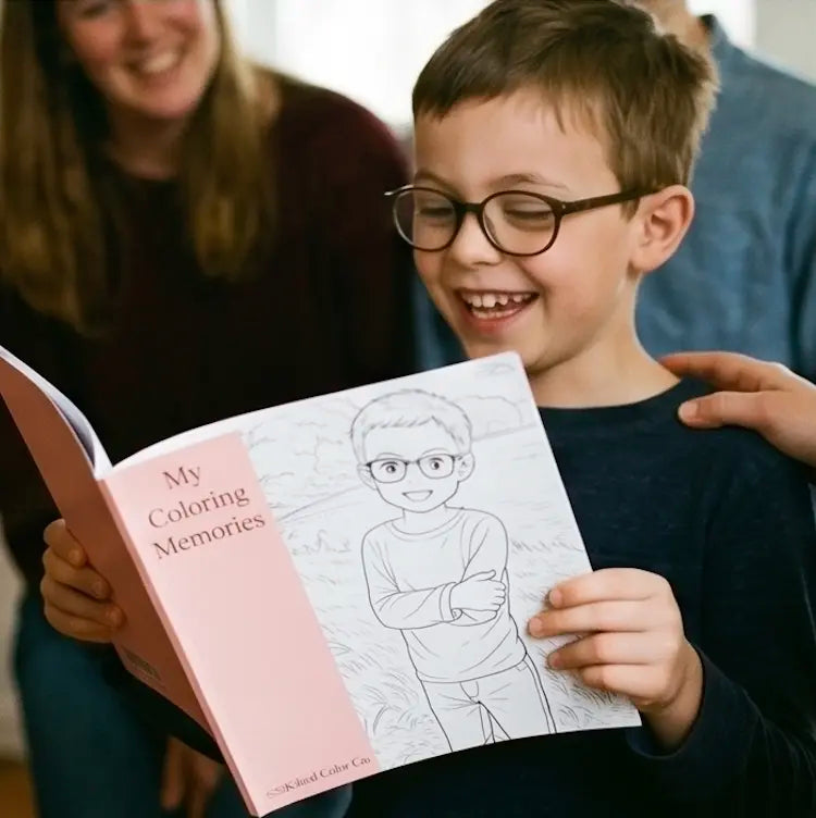 Child smiling and holding a custom made Kindred Color Co coloring book, featuring a line drawing of himself on the cover.