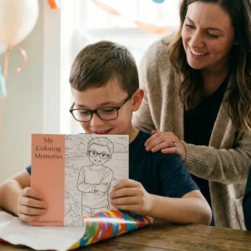 Mother and child looking at a custom coloring book together with balloons in the background. The coloring book features a line drawing of the child.